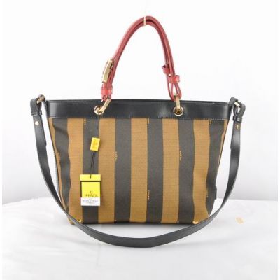 Fendi Coffee Striped Waterproof Fabric & Black-Red Calf Leather Womens Zipper Shopper Bag Yellow Brass Hardware 