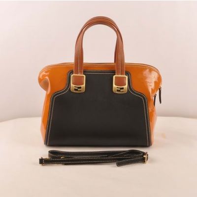 Latest Fendi Chameleon Top Handle Orange Patent Leather & Black Ferrari Leather Clone Zipper Shoulder Bag For Womens 