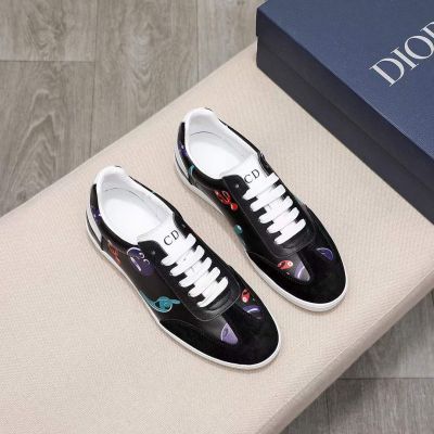 High End Dior Colorful Pattern Bee Signature White Rubber Sole Mens Black Calfskin & Suede Leather Patchwork Snearkers