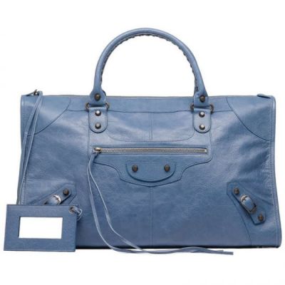 Balenciags Leather Tassel Golden Zipper Ladies Work Blue Leather Shoulder Bag For Sale Replica 
