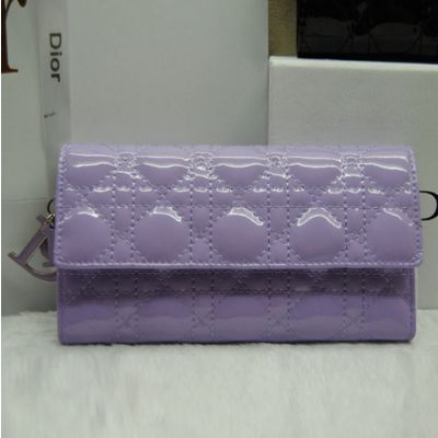 Dior Hot Selling Light Purple Lady Dior Cannage Quilted Wallet Patent Leather 2 Photo Slots  