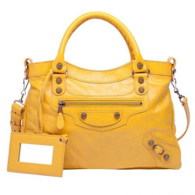 Street Style Balenciaga Lemon Yellow Giant 12 Rose Gold Studs Womens Top Handle Faux Handbag 