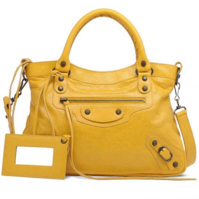 Balenciaga Classic Town Lemon Yellow Leather Top Handle Golden Studs Buckle Trimming Womens Totes HK 