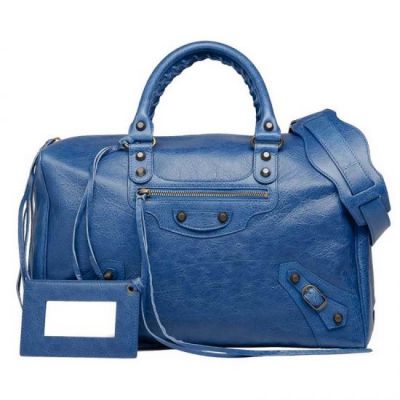 Good Reviews Balenciaga Ladies Aged Brass Studs Bleu Cobalt Leather Zipper Crossbody Bag Replica Sell 
