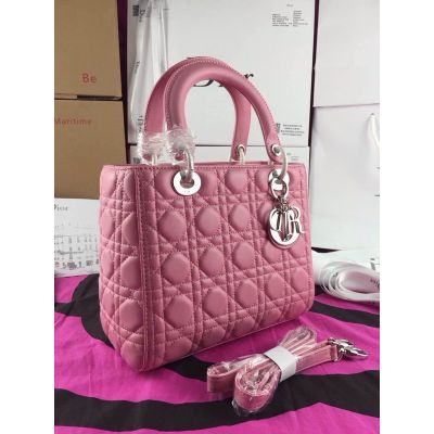 Low Price Silver D.I.O.R Charm Dior "Lady Dior" Pink Leather Cannage Medium Totes Adjustable Narrow Strap 