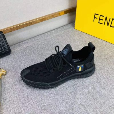 Men's Best Quality Fendi Black Knitted Mesh Fabric Black Rubber Sole Lace-up Sneakers For Sale