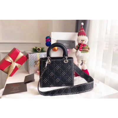 2018 Luxury Dior Replica Lady Dior Black Calfskin Leather Embossed Cannage Sudded Flower Motif Mini Handbag M0579VLAF_M900