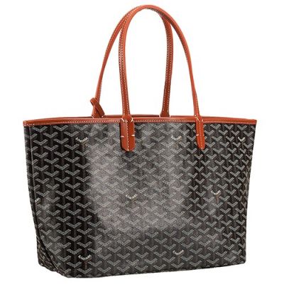 2017 Goyard Saint Louis Black Tote Bag Calfskin Leather Orange Edge & Handles Y-Pattern Print 