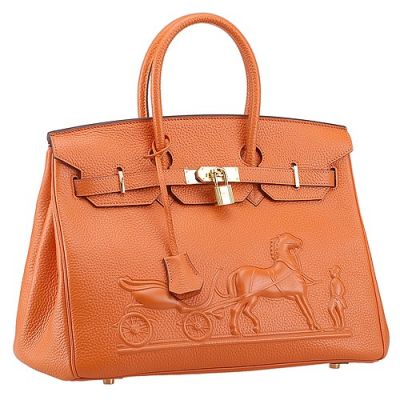 Fake Hermes Birkin Orange Leather Horse Embossed Classic Golden Lock Ladies Tote Bag For Sale