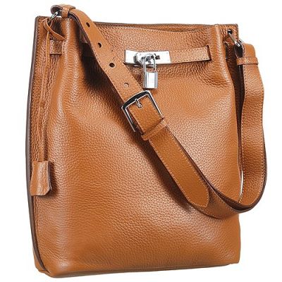 Herrnes So Kelly  Ladies Bucket Brown Grained Leather Shoulder Bag Wide Adjustable Strap Silver Lock 