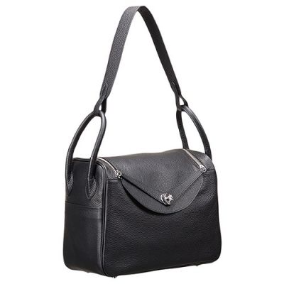 Hermes Lindy Black H073426CK89 Cowhide Leather Womens Flap Box Shoulder Bag Silver Zipper Online 