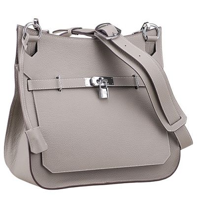 Vintage Women's Hermes Jypsiere Silver Lock Adjustable Wide Strap Grey Cowhide Leather Flap Bag Small