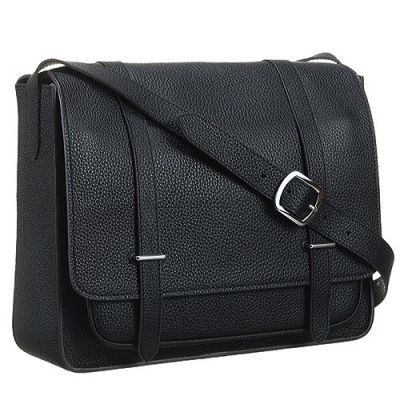 High Quality Hermes H055080CK89 Man Black Cowhide Flap Messenger Bag Adjustable Strap With Silver Buckle 