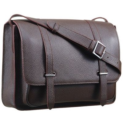Fashion Brown Leather Hermes H055080CK60 Male Long Handbag Satchel Flap Messenger Bag With Front Pocket 