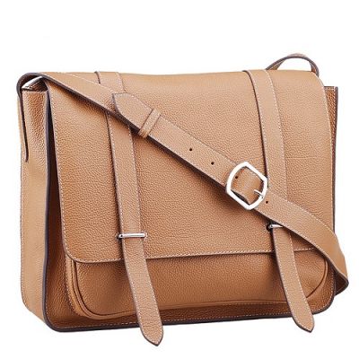 Men's Good Price Hermes Tan Grained Leather Flap Messenger Bag Leather Belts Through Silver Loops 