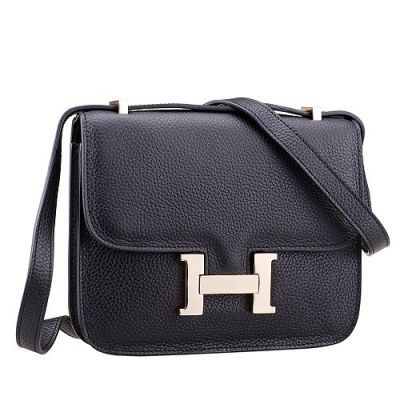 Hermes Constance Diane Kruger Black Grained Leather Flap Saddle Bag Golden H-shaped Buckle Low Price 