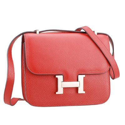 Red Cowhide Clemence Women's Hermes Constance Curved Base Golden H Buckle Flap Shoulder Bag USA 