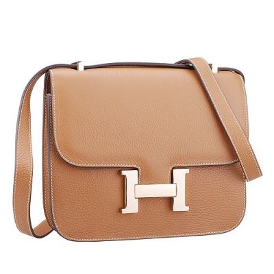 Hot Selling Hermes Constance Tan Cowhide Leather Wide Strap Golden Hardware Ladies Flap Handbag Replica 