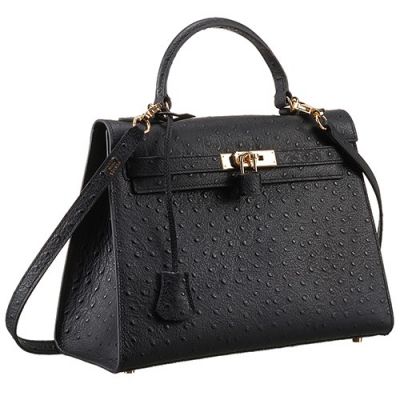 Top Styles Black Ostrich Grained Leather 32CM Golden Buckle Black Lock Hermes Kelly Shoulder Bag 