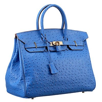 35CM Fashion Hermes Birkin Blue Ostrich Leather Top Handle Golden Hardware Totes 2017 Winter  