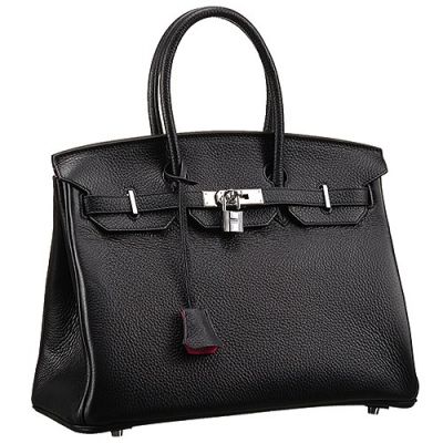 Hermes Office Style Black Leather Belt Flap Birkin Totes Pink Lining Silver Lock For Ladies 