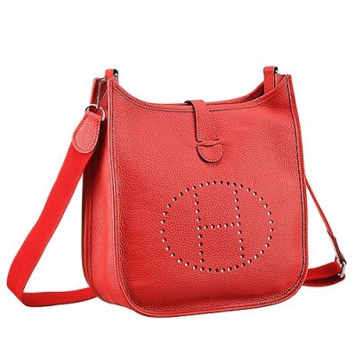 Hermes Evelyne H056277CK2R GM Red Leather Slim Center Flap Shoulder Bag H Pattern Perforated Plaque