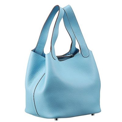 Hermes Picotin Ladies Baby Blue Cowhide Leather Bucket Bag Side Belt With Silver Padlock