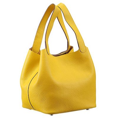 Hermes Picotin MM Lemon Yellow Grained Leather Square Ladies Belt Totes Silver Padlock Suede Lining 