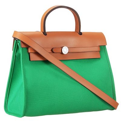 Women's Hermes Herbag Canvas Wide Base Tote Bag Leather Shoulder Strap Green-Brown Replica 
