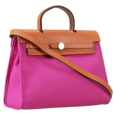 Popular Deep Pink Canvas Hermes Herbag Ladies Handbag Brown Flat Handle Belt With Silver Buckle 