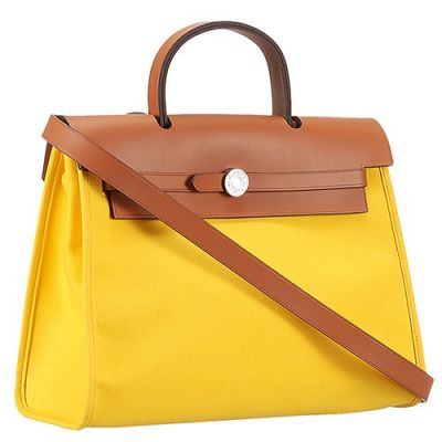 2017 New Hermes Herbag Wide Base Lemon Yellow Canvas Tote Bag Brown Leather Flap  For Sale 
