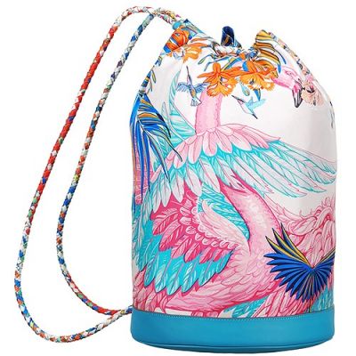 2018 Fashion Hermes Soie-Cool Flamingo Party Printed Deep Blue Leather Trimming Womens Backpack Price Malaysia
