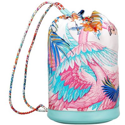 Women's Latest Style Hermes Soie-Cool Light Blue Leather Detail Flamingo Party Pattern Quiver Bag 
