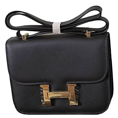 Top Sale Hermes Womens Black Leather Flap Constance Saddle Bag Polished Brass H Snap Button 