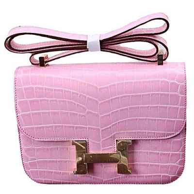 Latest Hermes Pink Crocodile Leather Constance Shoulder Bag  Brass H Buckle Curved Base For Ladies 