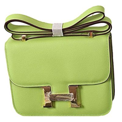 2017 Summer Hermes Lime Leather Brass H Buckle Constance Handbag Double Compartments Flap Shoulder Bag 