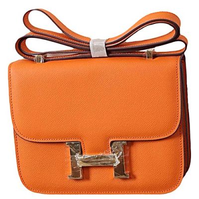 Fake Orange Leather Hermes Mulit-use Constance Flap Handbag Golden H Logo Buckle For Sale 