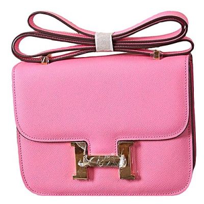 Women's Hermes Constance Two Compartments Pink Leather Saddle Bag Brass Hardware Flip-over Flap Online 