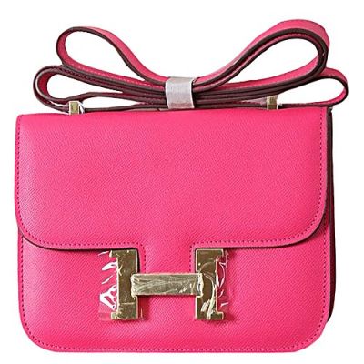 Hermes Constance Rose Tyrien Leather Curved Fluted Base Brass H Logo Buckle Ladies Flap Handbag 