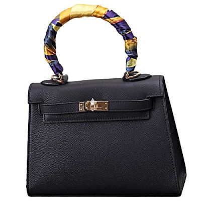 Black Ladies Silk Twining Handle Hermes Kelly Imitation Flap Tote Bag Removable Shoulder Strap Golden 