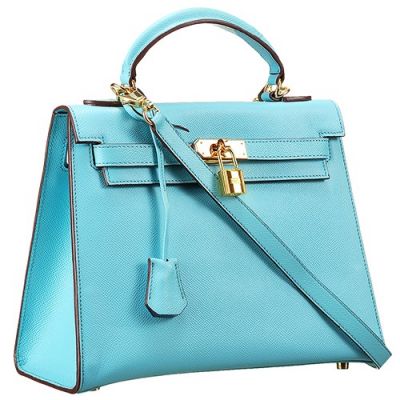 Top Sale Hermes Kelly Ladies Baby Blue Removable Shoulder Strap Totes Fake Flap Handbag Golden 