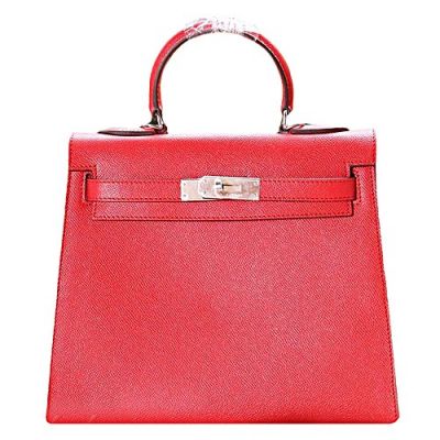 Replica Womens Red Top Handle Hermes Kelly Flap Leather Tote Bag Belt Strap Silver Turn-lock 