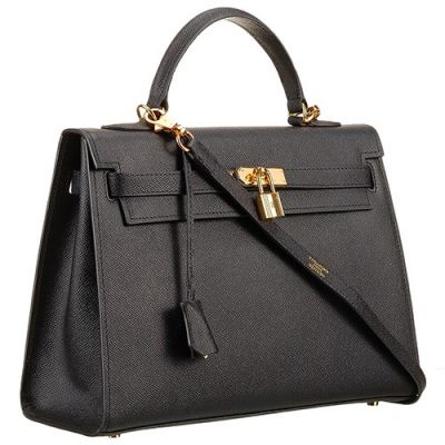 High Quality Black Hermes Kelly Flap Shoulder Bag Golden Lock White Separate Hop-pocket Leather Trimming 