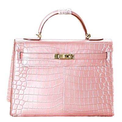 Popular Sweet Pink Crocodile Leather Hermes Kelly 32CM Tote Bag Top Handle Yellow Brass Lock 