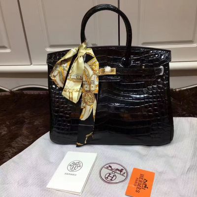Hermes Birkin Silk Trimming Narrow Belt Ladies Handbag Golden Buckle 35CM Totes Black Crocodile 