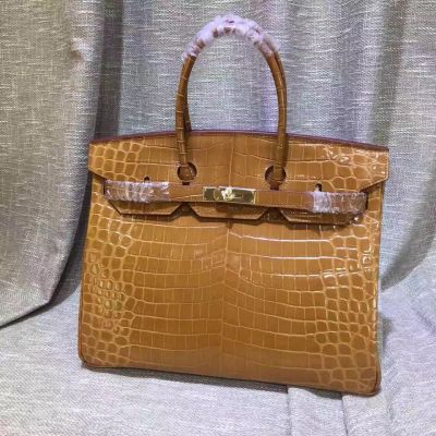 Perfect Hermes Birkin Narrow Rounded Top Handle Brown Crocodile Leather Golden Buckle Fake Tote Bag 