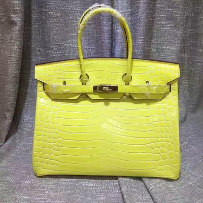 2017 Winter 35CM Ladies Hermes Birkin Lemon Yellow Crocodile Leather Flap Tote Bag Silver Buckle 