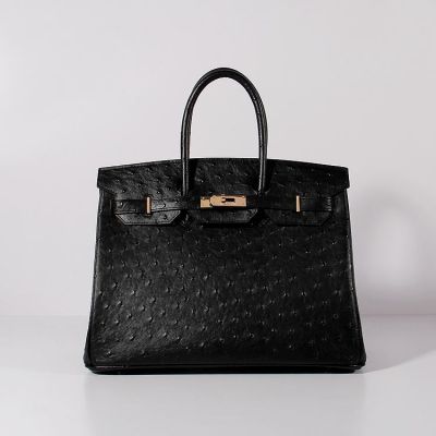Hermes Birkin Black Ostrich Leather Ladies Tote Bag Leather Lining Golden Hardware Flip-over Flap 