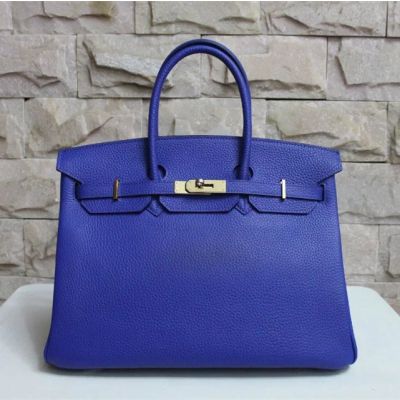 Electric Blue Hermes Birkin 35CM A-shaped Top Handle Yellow Brass Buckle Fake Flap Tote Bag Online 