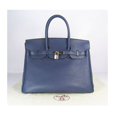 Hermes Birkin Dark Blue Togo Leather Top Handle Women's 35CM Silver Lock Flap Handbag Online 
